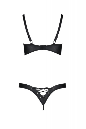 Passion Celine Bikini - Комплект из экокожи: открытый бра с лентами, стринги со шнуровкой, 6XL/7XL (чёрный) - sex-shop.ua